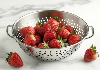 A stainless steel colander filled with fresh, ripe strawberries on a white marble surface.