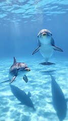 Obraz premium Oceanic Dolphins Underwater Ballet: Two Dolphins Gracefully Swim in a Crystal-Clear Ocean