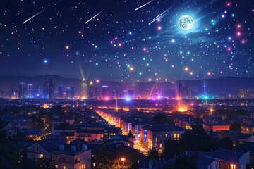 Enchanting Nighttime Cityscape with Vibrant Lights and Stunning Meteor Showers