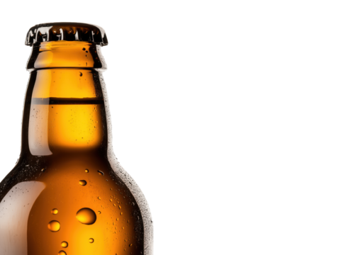 Chilled Beer Bottle with Droplets Against a White Background