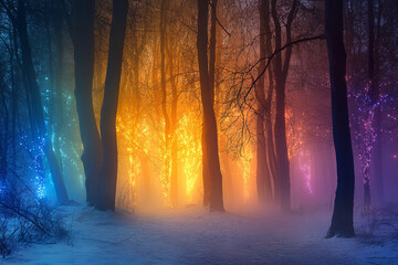 Naklejka premium Magical Forest with Glowing Trees in Winter Fog