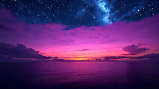 Cosmic Sunset Over the Ocean: A mesmerizing display of nature's grandeur, with the tranquil ocean reflecting the vibrant hues of a sunset.
