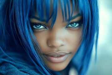 Naklejka premium Short trim - blue hair. Pretty happy black girl - for ads, advertisement and social media use. Commercial ad concept art. Stylish black woman. Creative black portrait. Creative short hair.