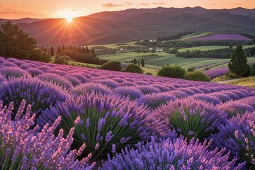 Fototapeta premium Serene Lavender Fields at Sunset for Stunning Cover Page Design
