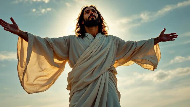 Divine Embrace: A serene image of a man with outstretched arms, radiating a sense of peace and spiritual connection against a backdrop of a radiant sky.