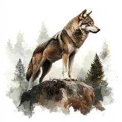 Obraz premium A majestic wolf standing proudly on a rock amidst a forest, symbolizing strength and wilderness.