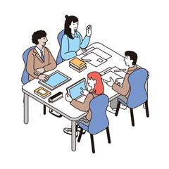 アイソメトリック構図のディスカッションをする学生のイラスト
