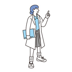 アイソメトリック構図の白衣を着た女子学生のイラスト
