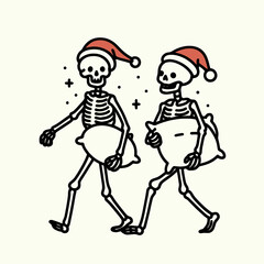 Skeleton couple wear santa hats playfully fight with pillows a minimalist vector graphic
