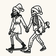 Fototapeta premium Skeleton couple wear santa hats play skateboard a minimalist vector graphic showing bone-chilling holiday fun