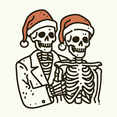 Fototapeta premium Skeleton couple wear Santa hats making a thumbs-up gesture in a simple monochrome vector graphic illustrate a jolly holiday spirit