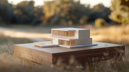 Are you sure you want to imagine 5 prompts from the template Dream house model placed on a wooden table in an empty field, copy space, natural side lighting, f/4.0, soft focus background