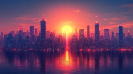Fototapeta premium Cityscape Sunset: A breathtaking view of a city skyline at sunset, reflected in calm waters. The sun's radiant glow paints the sky with vibrant hues, creating a mesmerizing scene.