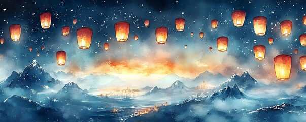 Fototapeta premium Sky lanterns over snowy mountains