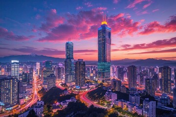 Fototapeta premium Radiant Sakura Skyline at Twilight with Colorful Neon Lights and High-Rise Condos