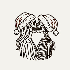 Fototapeta premium Skeleton couple wear santa hats holding each others faces for a kiss minimalist vector drawing of a spooky holiday romance