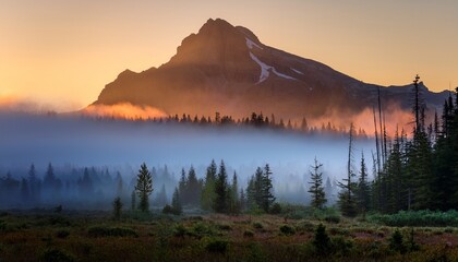 Obraz premium majestic mountain illuminated by sunrise amid mist and forest in tranquil wilderness
