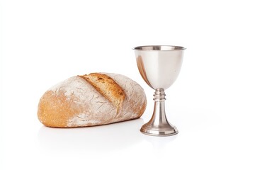 A loaf of bread sits next to a silver chalice, symbolizing communion or a shared meal, in a simple, clean presentation.