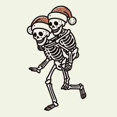 Naklejka premium Skeleton couple wear santa hat giving a piggyback ride minimalist vector illustration a whimsical winter scene