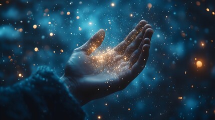 Hand reaching for a star through a glowing, mystical atmosphere filled with sparkling particles during nighttime