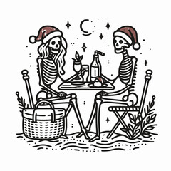 Skeleton couple wear santa hats enjoying a picnic minimalist vector drawing a spooky yet festive holiday scene