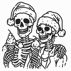 Skeleton couple wear santa hats eat ice cream  a minimalist vector drawing of a spooky sweet holiday scene