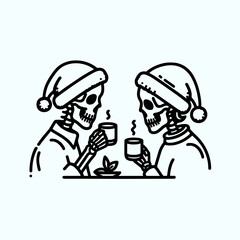 Skeleton couple wear santa hats drinking coffee together a minimalist vector graphic shows their spooky holiday cheer