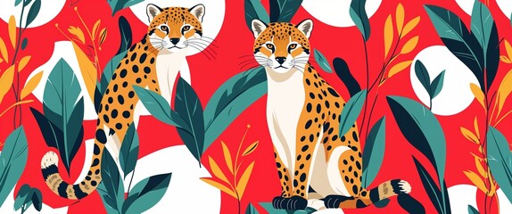 Obraz premium ocelot pattern on red plain background digital abstract art work illustration design