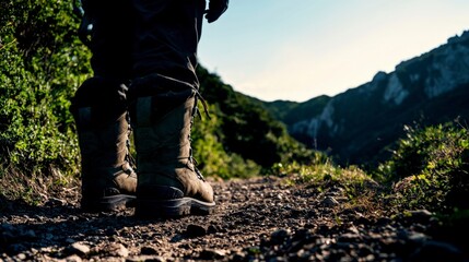 Majestic Mountain Hike  Close up of Hiking Boots on Trail