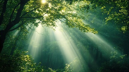 Sunlit Forest Canopy: A breathtaking view of a dense forest, where sunlight streams through the canopy, creating an ethereal and enchanting atmosphere, emphasizing the intricate beauty of nature.