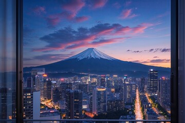 Naklejka premium Stunning Twilight Colors Above Mount Fuji from an Urban Balcony with a Dreamy Skyline View