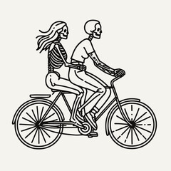 Fototapeta premium Skeleton lesbian couple ride bikecycle a minimalist monochrome vector graphic showcasing their adventurous spirit.