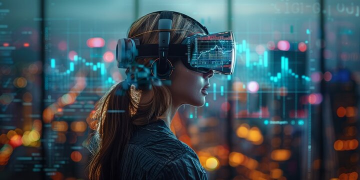 Woman using a virtual reality headset with financial data and stock market graphs displayed.