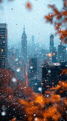 Snowy Cityscape at Night with Confetti