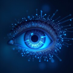A stunning eye, highly detailed eye made of intricate digital elements glowing lines, microchips, and complex circuit patterns forming a luminous and captivating design.
