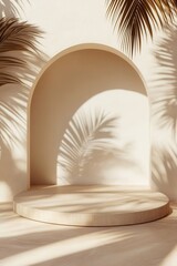 Fototapeta premium Beige display podium with archway and tropical leaves