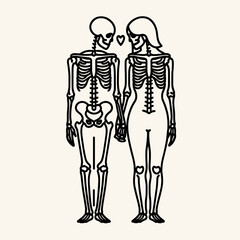 Skeleton lesbian couple close holding hands minimalist vector graphic depicts a tender embrace.