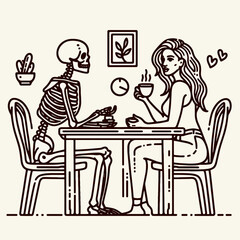 Fototapeta premium Skeleton lesbian couple Casual Coffee Date in cafe minimalist doodle depicts a sweet afternoon