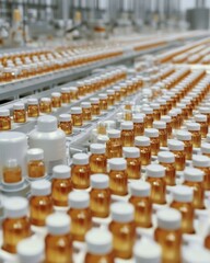 Obraz premium city living, modern architecture, travel. Amber and White Bottles on a Conveyor Belt in a Pharmaceutical Factory