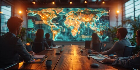 Business professionals in a high-tech conference room analyzing global data on a large digital world map