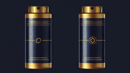 Two elegant dark blue and gold spray bottles.