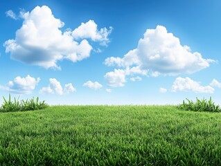 Obraz premium Lush green grass under a vibrant blue sky with fluffy white clouds