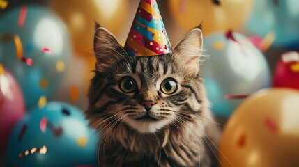 Adorable Tabby Cat Wearing a Party Hat Amidst Colorful Balloons and Confetti