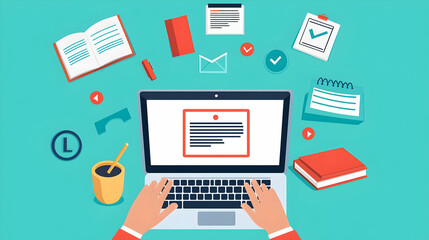 Person Typing on Laptop Surrounded by Office Supplies and Documents