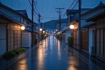 Fototapeta premium Serene Rainy Evening on Twinkling Dusk Lane in Japanese Urban Setting