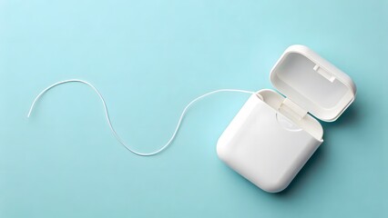 Open white dental floss container on pastel blue background