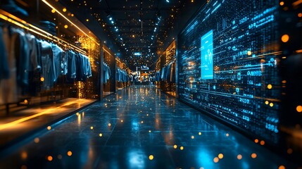 Fototapeta premium Futuristic clothing store aisle with digital displays