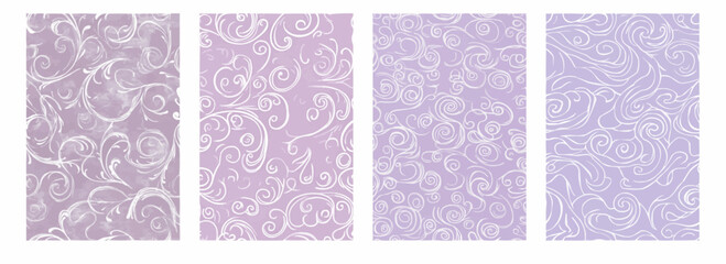 Vector pattern set of subtle swirling white doodles on a light muted violet background