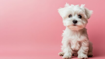 Adorable Maltese Puppy Sitting on Pink Background Studio Shot Cute Dog