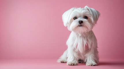 Adorable White Maltese Puppy Sitting on Pink Background Pet Portrait